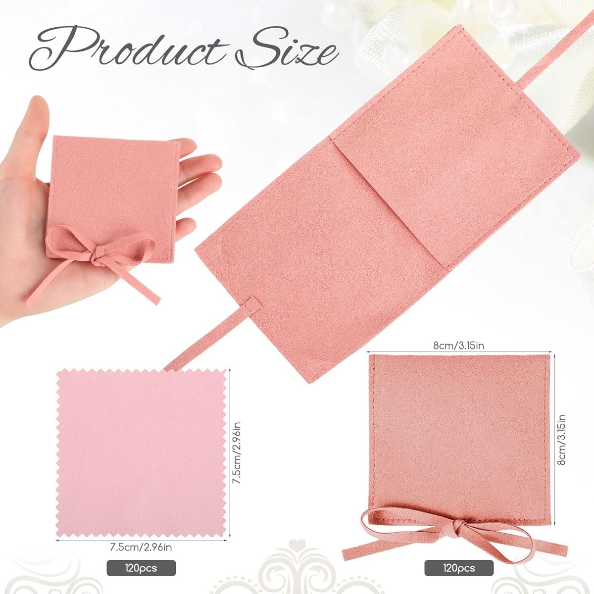 120pcs Microfiber Jewelry Pouches 8 x 8cm Jewelry Packaging Bags Gift Bow Tie Bracelet Envelope Style with Jewelry Cleaning Cloth for Earrings/Necklace Packaging (Pink)