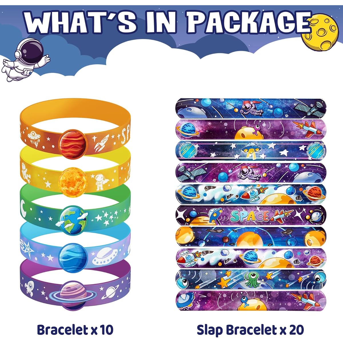 DMIGHT Space Party Favors, 30pcs Space Themed Birthday Decorations, 10pcs Silicone Bracelets, 20pcs Slap Bracelets, Astronaut Birthday Gifts for Kids