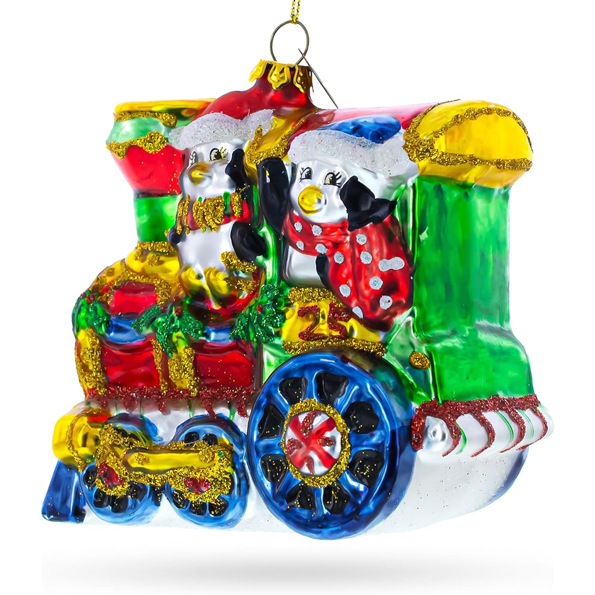 Penguin on a train glass Christmas ornament