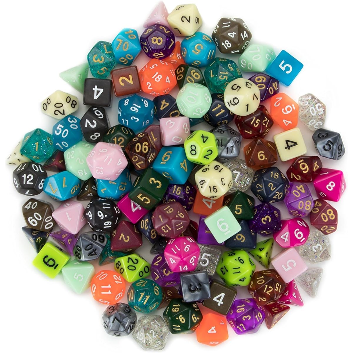 Wiz Dice Series III 100+ Pack of Random Polyhedral Dice Sets, New Neon, Pearl, Translucent, Solid, and Glitter Treatments