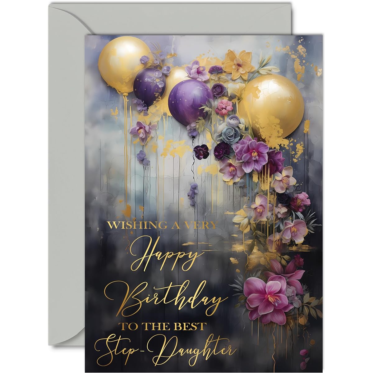 Beautiful Gold Birthday Card for Step Daughter - Golden Party Balloons - Elegant Traditional Cute Birthday Card for Step Daughter from Step Mom Dad, A5 Gorgeous Greeting Card Gift