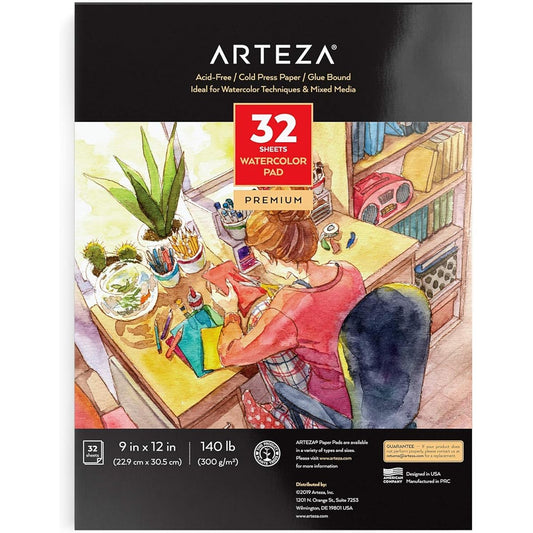 Arteza 9"x12" Watercolor Pads - 32 Sheets 140lb/300gsm Glue-Bound Cold Press Acid-Free Watercolor Paper Pads for Wet/Dry/Mixed Media Art Supplies