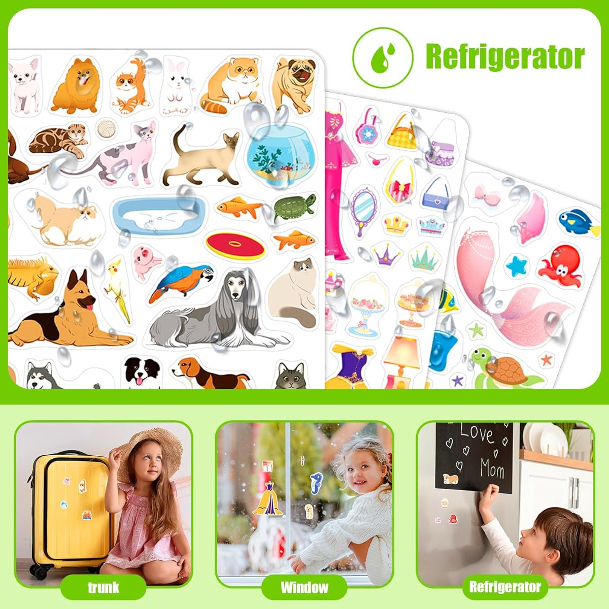 Sticker Book for Kids 2-4 Toddler 1-3 Princess Mermaid Pets Sticker Book Jelly Reusable Stickers Activity for Boys Girls Car Plane Travel Church Holiday Preschool Waterproof Stickers Kids 2 3 4 (Princess+Mermaid+Pets)