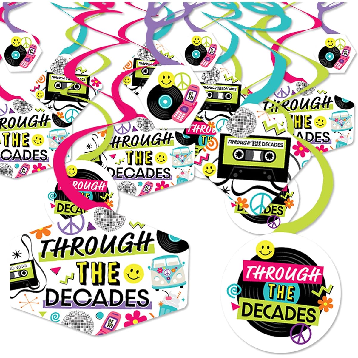 Big Dots of Happiness Through the Decades - 50s, 60s, 70s, 80s, 90s Party Hanging Decorations - Party Decoration Swirls - Set of 40