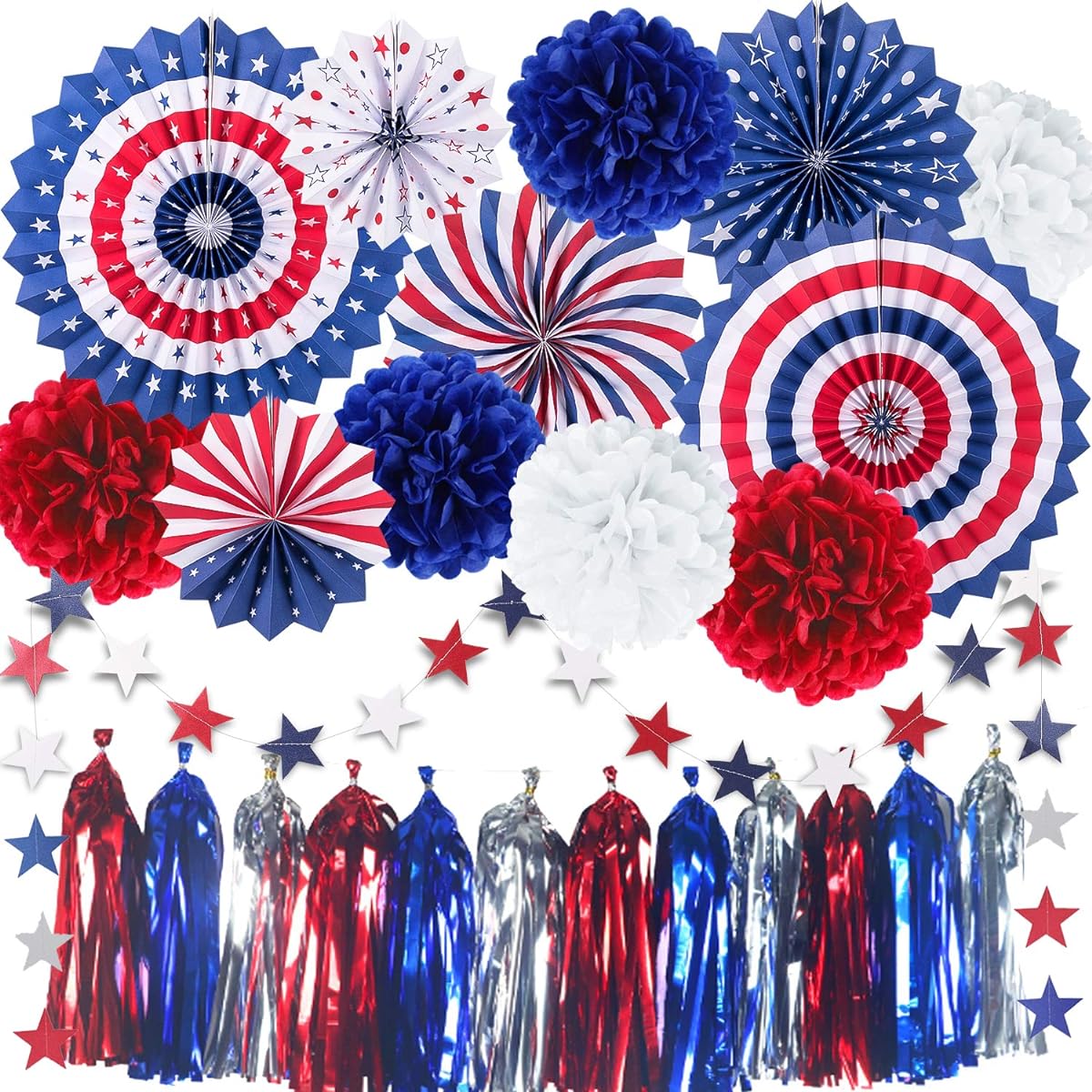 Cmaone 25pcs Patriotic Party Decorations Set Independence Day American Flag Party Supplies Hanging Paper Fans with Pom Poms Red White Blue Star Garland Tassel Garland String American Theme Party Decorations