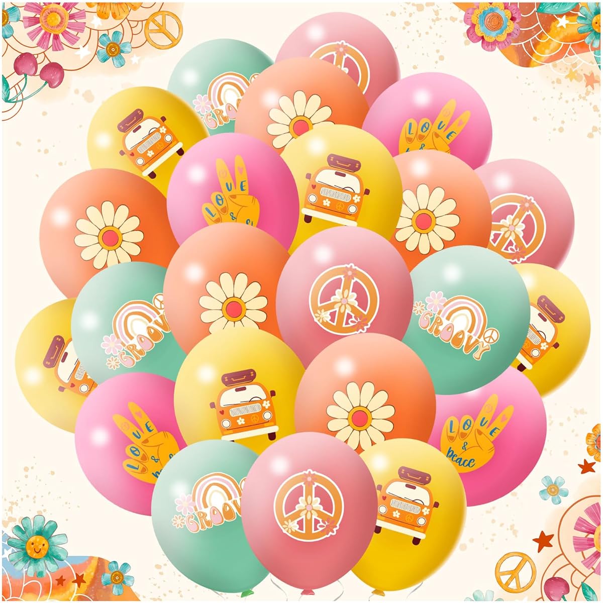 60pcs Hippie Balloons Groovy Balloons Daisy Flower Rainbow Peace Latex Balloons Retro Boho Balloons Party Decoration Supplies
