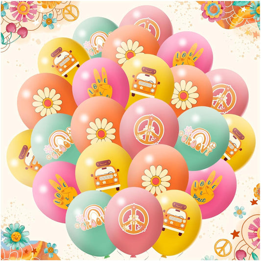 60pcs Hippie Balloons Groovy Balloons Daisy Flower Rainbow Peace Latex Balloons Retro Boho Balloons Party Decoration Supplies