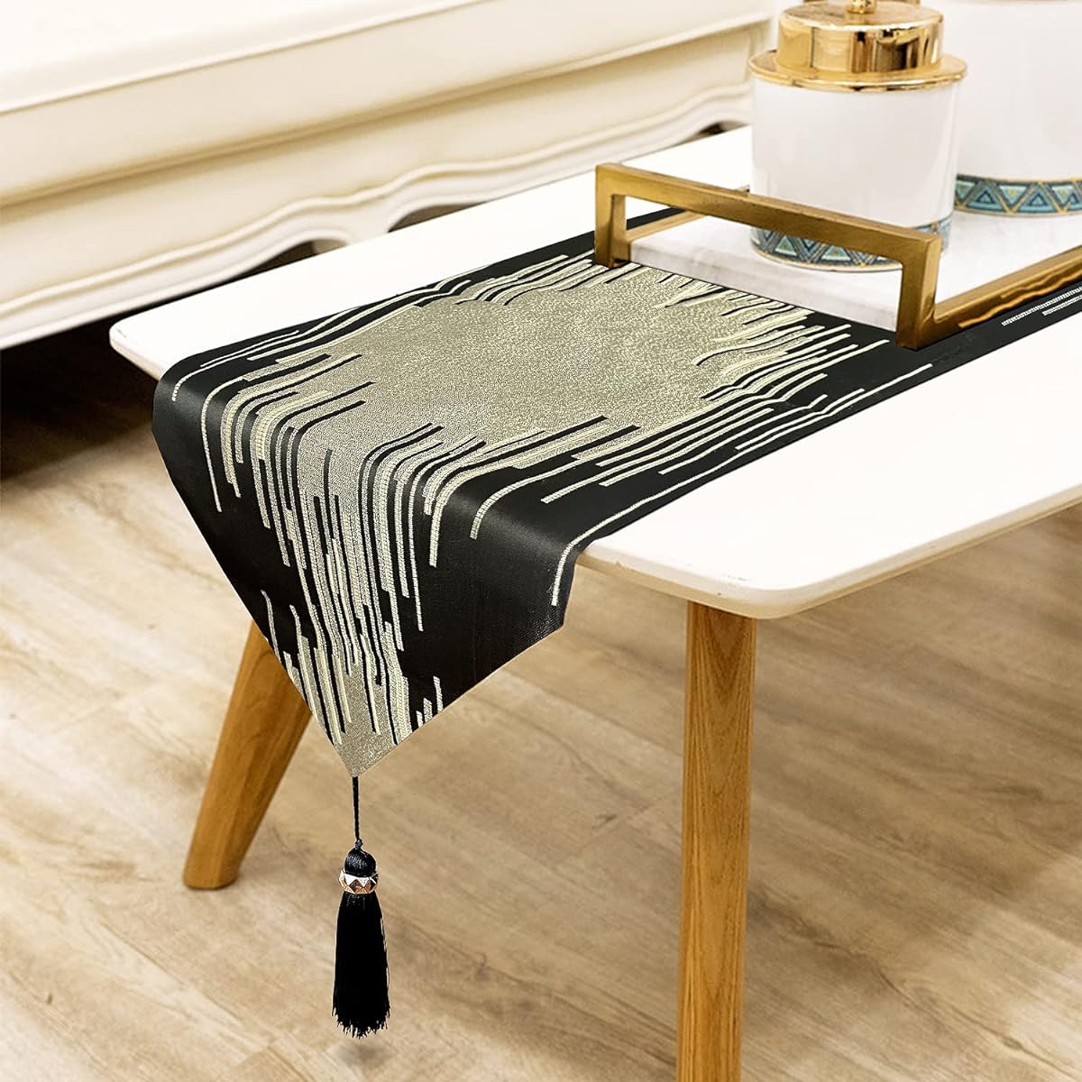 Modern Table Runner 98" Long Black with Gorgeous Embroidered Geometric Pattern with Tassels for Dining Parties and Holidays 13x98"