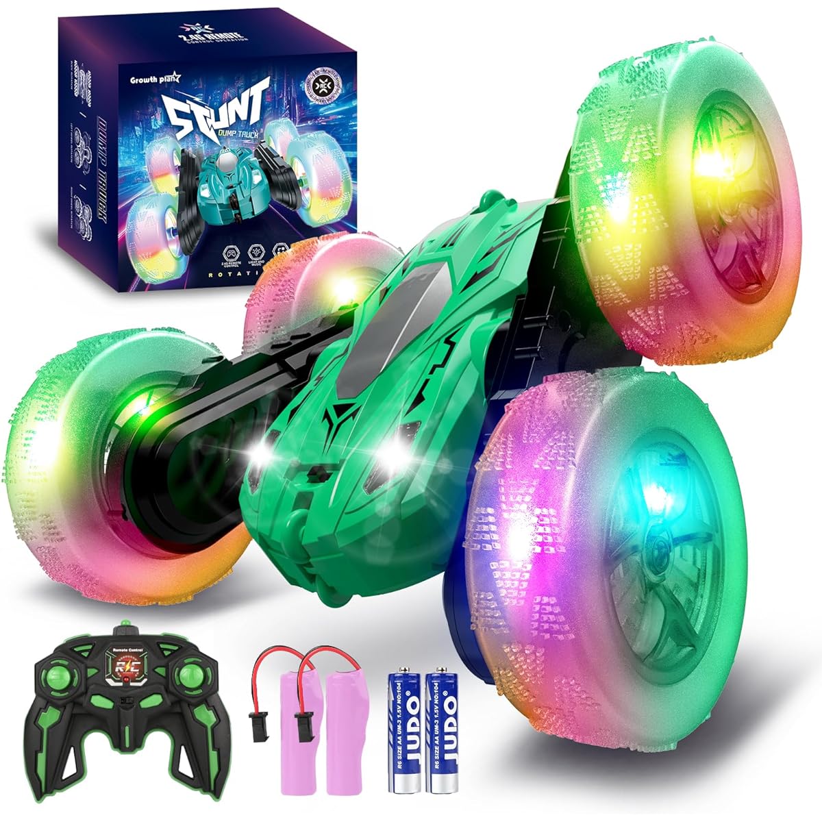 Traverse Star Remote Control Car RC Car 360 Degree Rotation RC Stunt Car with Wheel Lights Headlight 2.4Ghz Double Sided Driving Stunt Car Toys for Children Boys Girls Ages 8-12 Years Christmas Birthday Gift (Green)