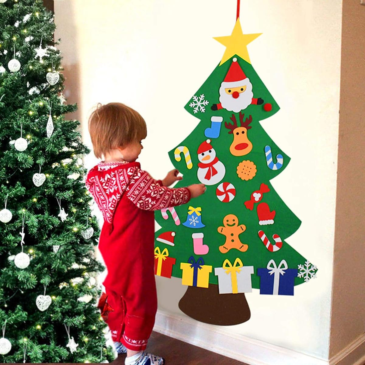 Lucky Cup Felt Christmas Tree DIY Christmas Large Christmas Tree Removable Ornaments Wall Decor with Hanging Rope for Toddlers Kids Christmas Gift Home Door Decor (Felt Tree)