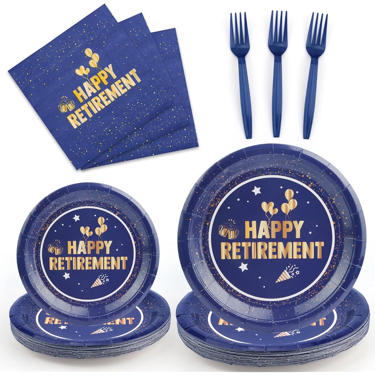 Retirement Party Decoration Plates and Napkins Set for Men Women Blue Gold Retirement Celebration Party Supplies Disposable Paper Plates Napkins with Forks Tableware for 24 Guests