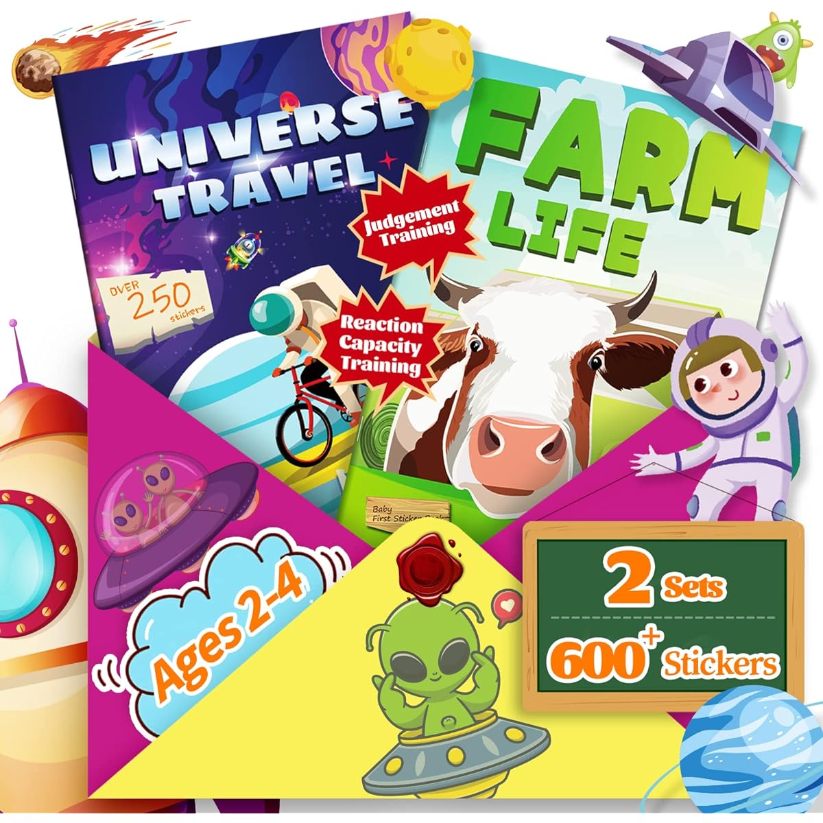 LIFEBE Sticker Book for Kids 2-4 Years Learning Toy Sticker Book for Toddlers 1-3 Years Busy Farm Space 2 Themes Activity Book Stickers for Girls Boys Kids 2-4 Years 1-3 Years (Over 600 Stickers)
