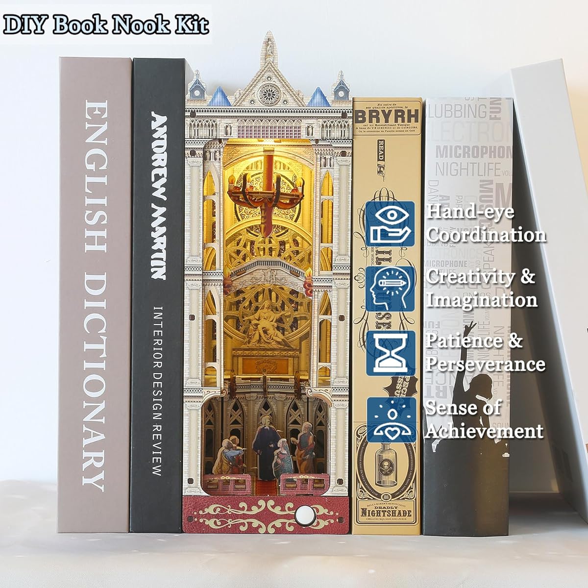 TuKIIE DIY Book Nook Miniature Kit Book Nook Dollhouse Bookshelf Insert 3D Wooden Puzzle Decorative Bookend Stand Model Kit for Kids Teens Adults (Notre Dame Cathedral)