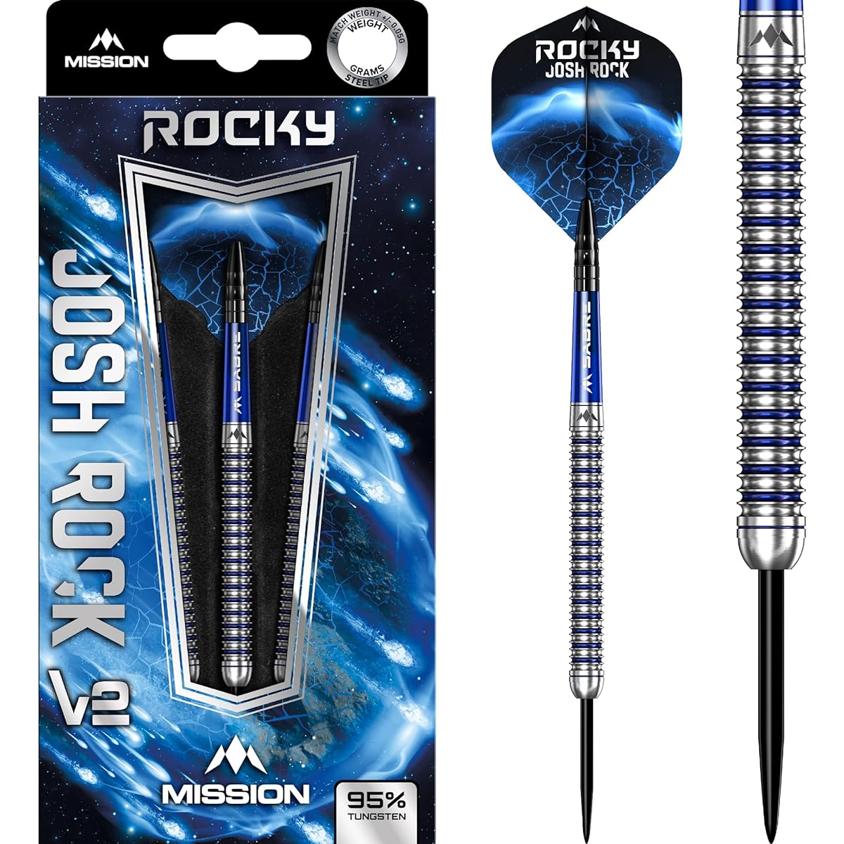 Mission Darts Josh Rock | 95% Tungsten Steel Tip Darts | Black & Blue PVD Coating | 20g - 28g