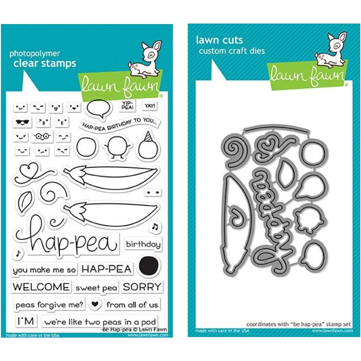 Lawn Fawn Be Hap-Pea 4"x6" Clear Stamp and Matching Lawn Cut Die Set (LF1890, LF1891), Set of 2 Items