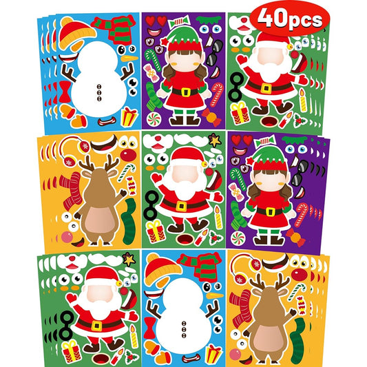 40 Sheets Christmas Stickers for Kids Crafts DIY Christmas Santa Snowman Reindeer Elf Face Stickers, Create Your Own Christmas Stickers for Kids Boys Girls Holiday Christmas Party Favors Game Stickers