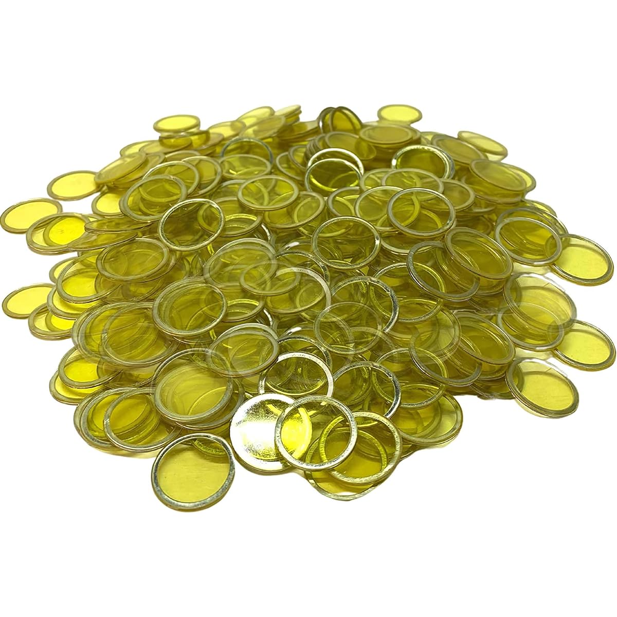 MR CHIPS Magnetic Bingo Chips Metal Edge 3/4 Inch 300 Pieces Upgrade Pieces Yellow Transparent Bingo Chips 7 Colors Reusable Storage Bag