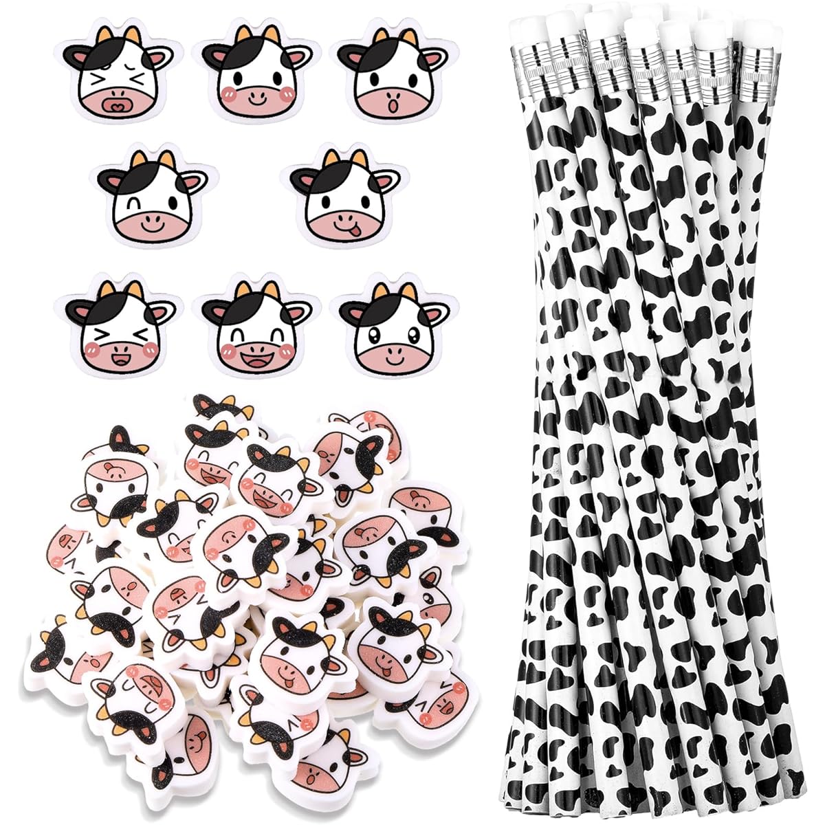 Ctosree 96pcs Cow Pencils with Animal Erasers Set for Kids, Cow Novelty Pencils, 96pcs Cute Erasers, Cow Party Favors for School, Office, Home, Students, Prizes, Classroom Rewards Supplies