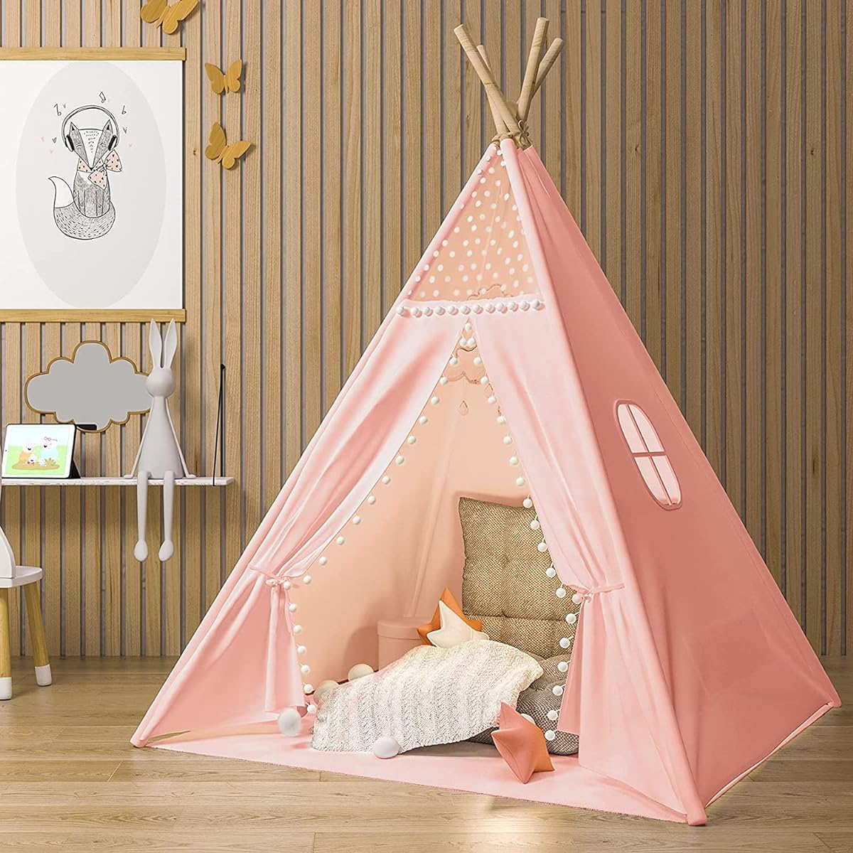 Gamenote Teepee Tent for Kids Indoor Tent with Mat, Inner Pocket, Unique Reinforcement Parts - Foldable Kids Play Tent Canvas Teepee Children Tent for Girls & Boys (Pink)