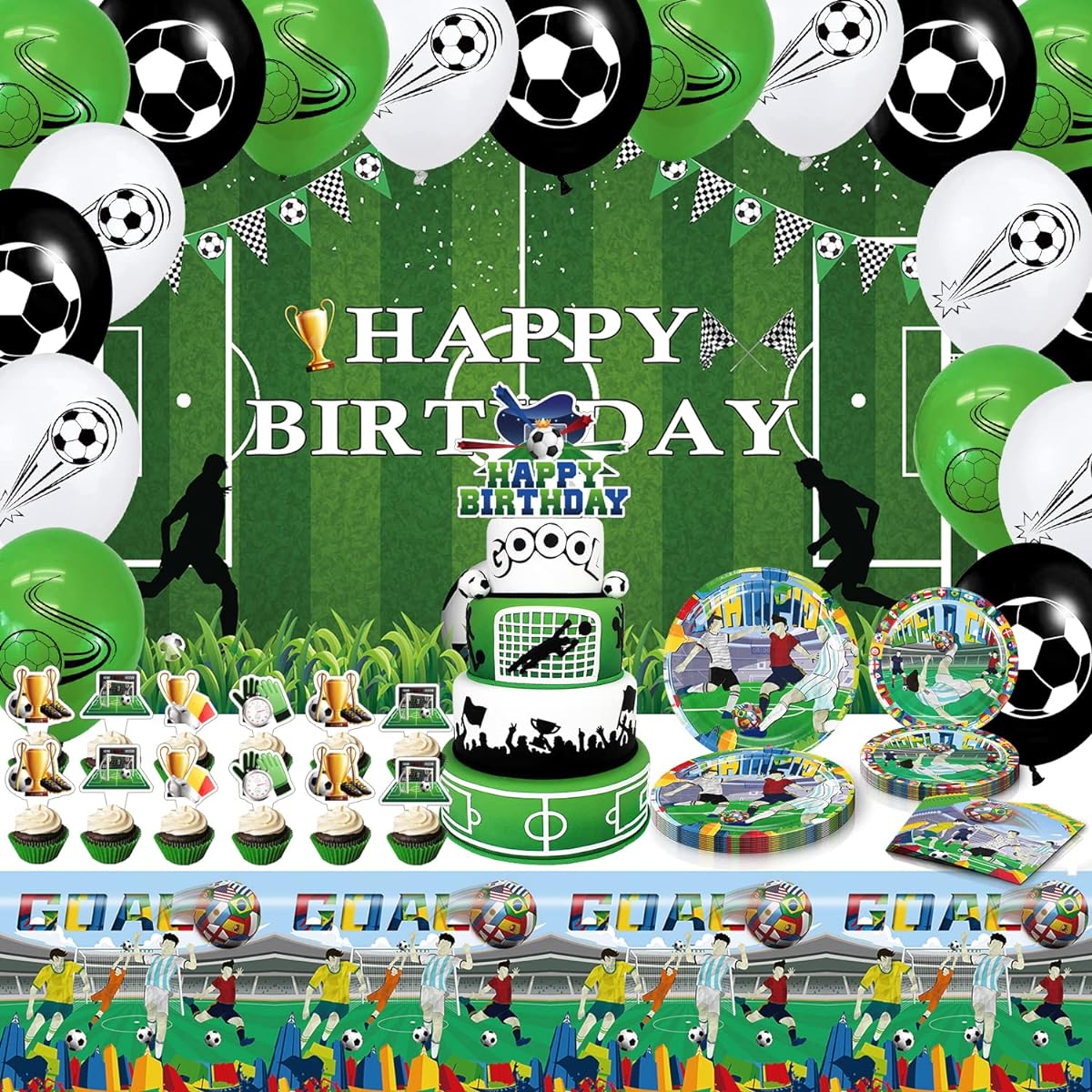 Soccer Theme Birthday Party Supplies Party Decoration Kit Set with Latex Balloons, Cake Topper, Backdrop Napkins, Plates, Tablecloth for Soccer Fan Party Decorations