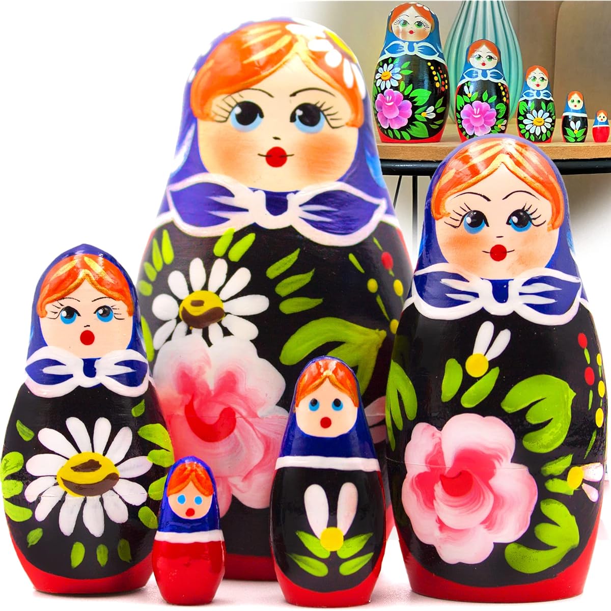 Matryoshka Nesting Dolls Set of 5 - Russian Dolls with Dahlia and Chamomile Flowers - Chamomile and Dahlia Flower Ornaments - Flower Decorations