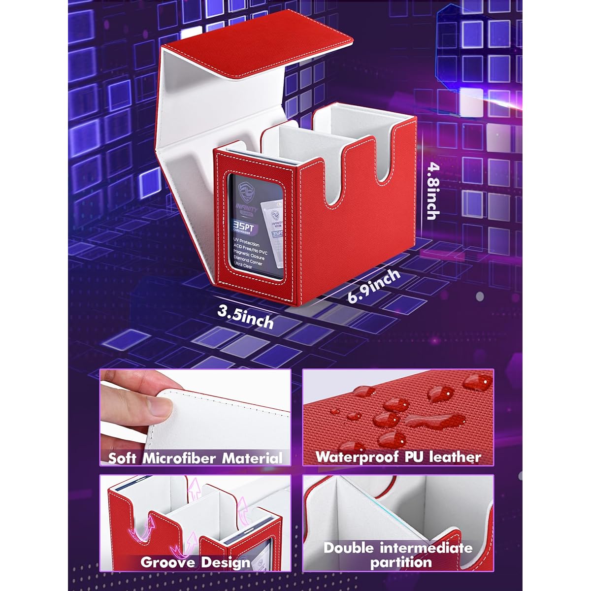 Infinity Guard MTG Deck Box with 2 Commander Displays, Double Deck Box for 280+ Single Sleeved Cards, Leather Magnetic Card Storage Box for TCG CCG Magic Cards (Red & White)