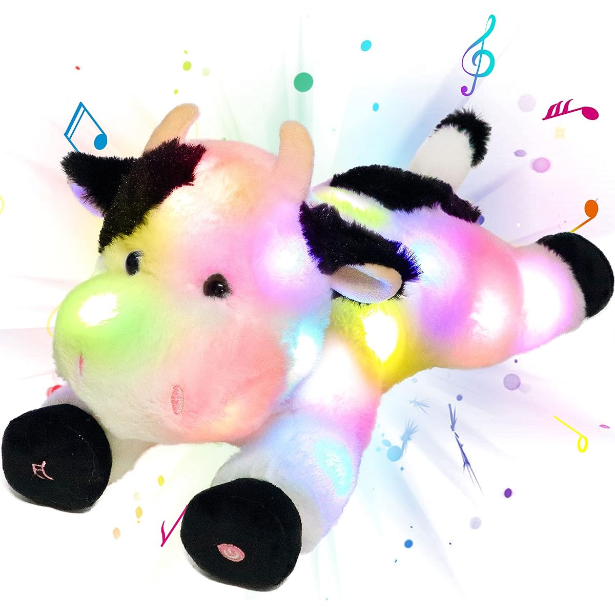Cuteoy LED Musical Stuffed Animal Cow Plush Toy with Adjustable Volume 3 Levels Light Up Diary Cow Singing Farm Animal with Night Light Lullaby Luminous Birthday Gift for Toddlers Kids 15.5 Inch (2)