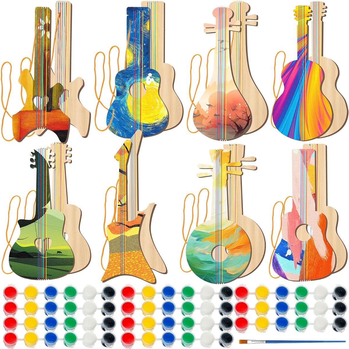 Syhood DIY Wooden Guitar for Kids (8 Different Designs) 16 Sets of Pigments (6 Colors) Wooden Guitar for Boys/Girls Perfect for Crafts and Art Classes, Birthday Parties, Music Theme Parties