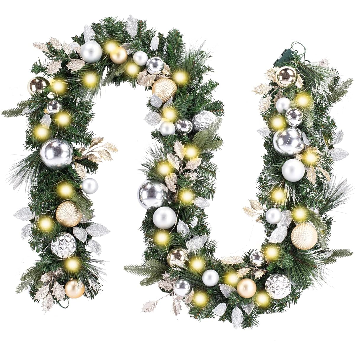 WANNA-CUL Pre-Lights 9ft/108in Christmas Garland with 50 LED Lights Champagne Gold Christmas Mantel Garland Decoration with Ball Ornament Battery Operated