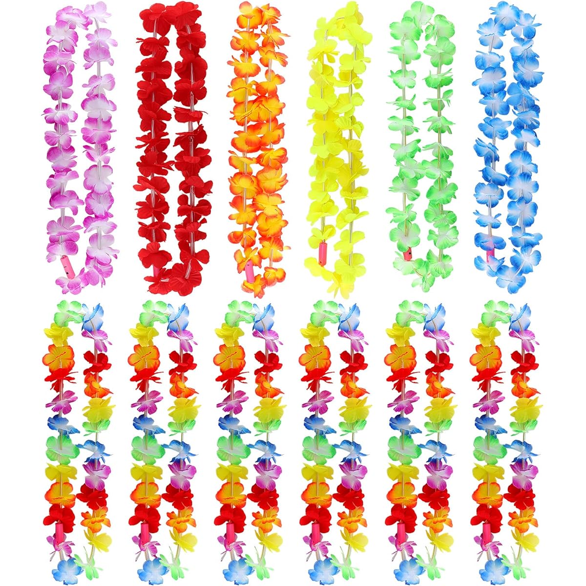 12pcs LED Hawaiian Leis Light Up Flower Lei Necklace Light Up Rainbow Flower Hawaiian Leis LED Tropical Hawaiian Party Necklace Party Supplies