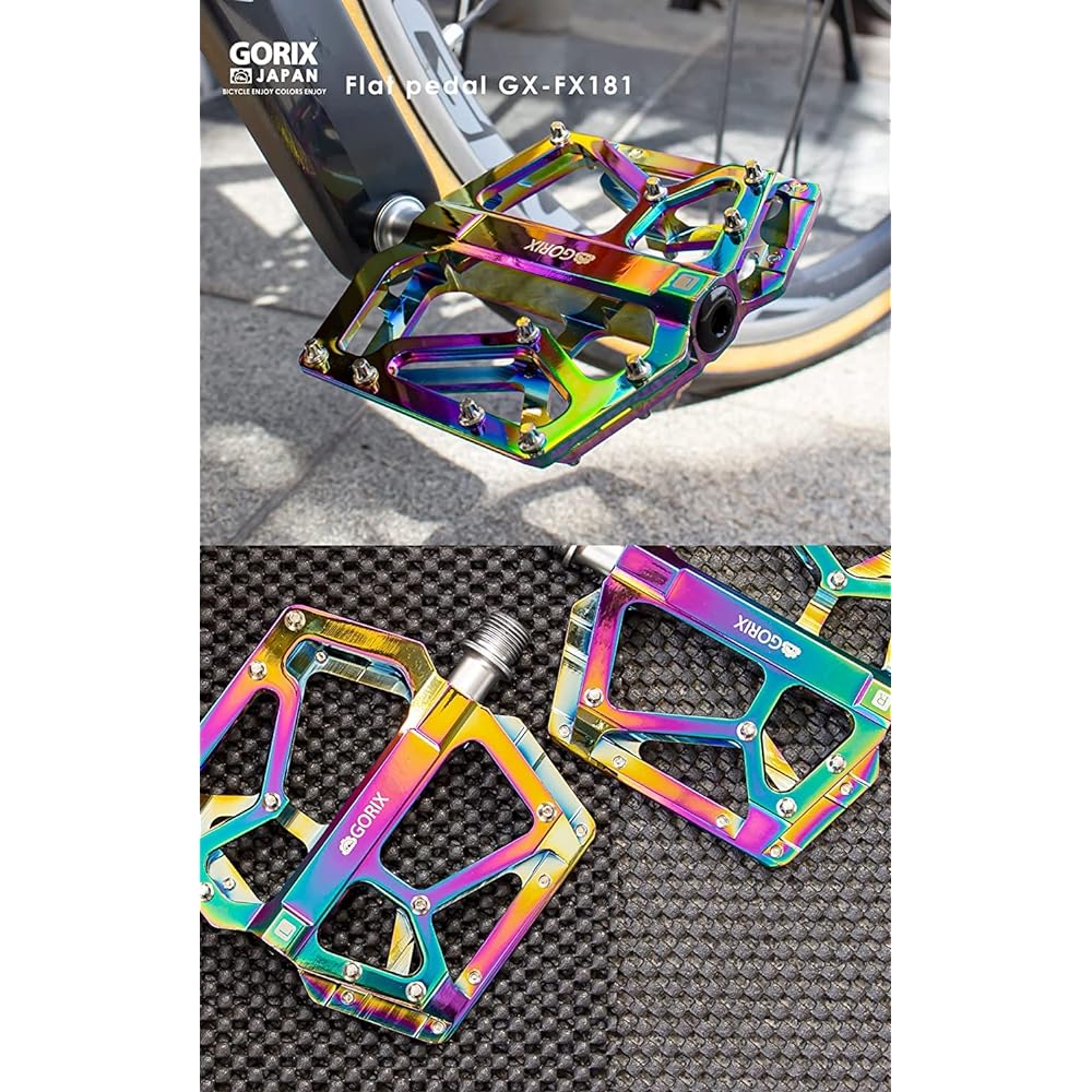 GORIX Flat Pedal Oil Slick Bicycle Pedal (GX-FX181) Lightweight Aluminum CNC Machining High Rotation Smooth 3 Bearings Non-slip Pin Included Stylish Cool Bicycle Pedal Pedal Replacement Road Bike Cross Bike Mini Velo MTB etc.