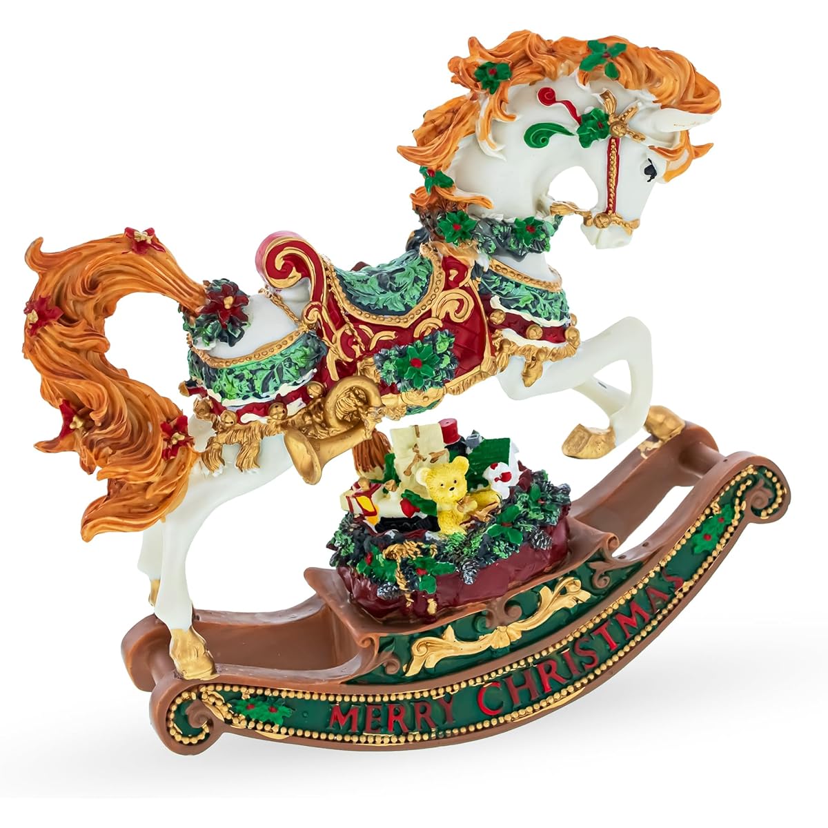 Harmonious Rocking Horse Carrying Gifts: Christmas Musical Figurine 8-Inch
