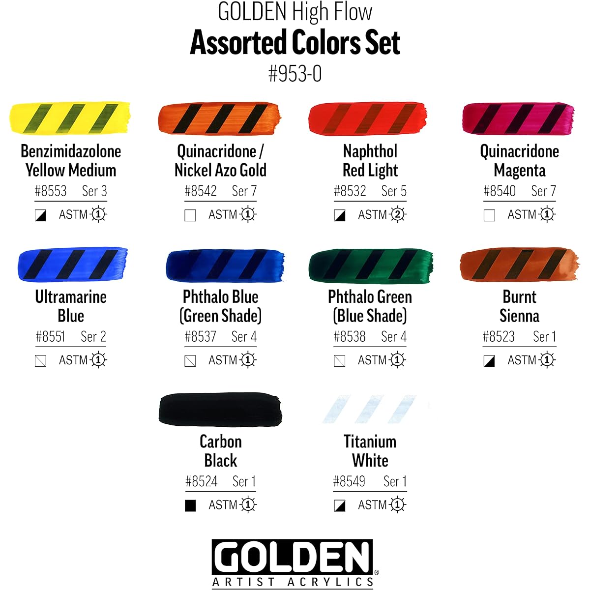 Golden High Flow Acrylic Assorted 10 Color Set Burnt Sienna Carbon Black Queen Acridone Magenta Hansa Yellow Medium Queen / Nickel Azo Gold Naphthol Red Light Phthalo Blue Phthalo Green Ultra Blue Titanium White