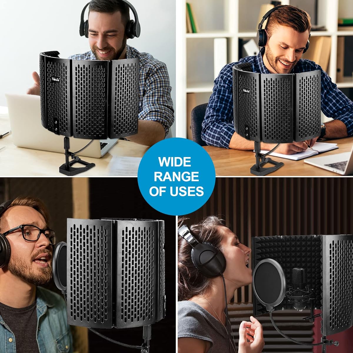 Microphone Isolation Shield HAKUTA Microphone Isolation Shield with Tripod Stand and Pop Filter Highly Absorbent Foam Filter Vocals Foldable Sound Equipment Studio Broadcast
