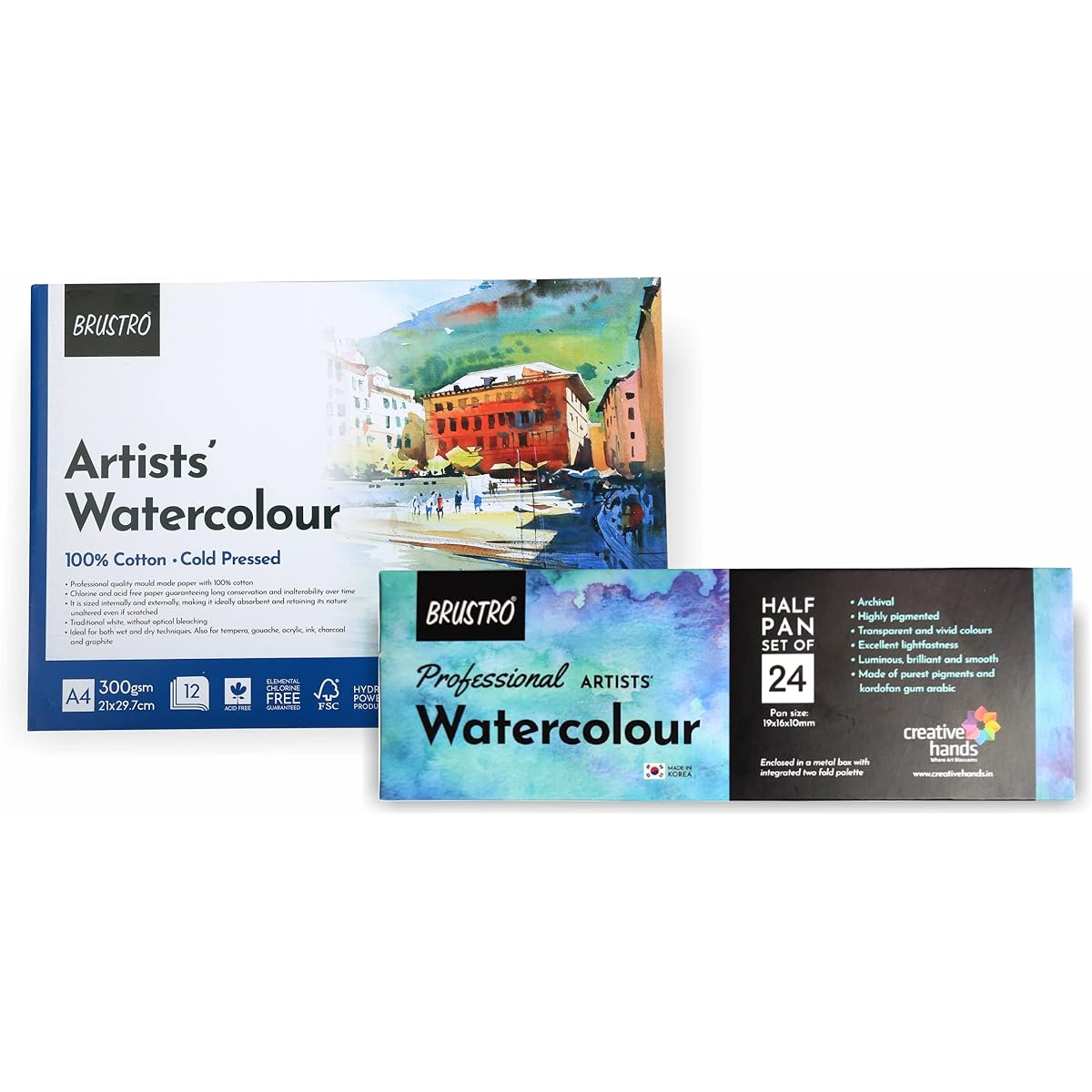 BRUSTRO Professional Artist Watercolor 24 Half Pan Set (Free 100% Cotton Watercolor Pad, Cold Press 300 gsm A4-12 Sheets) 1 Count (1 Pack) 24 Half Pans + Pads