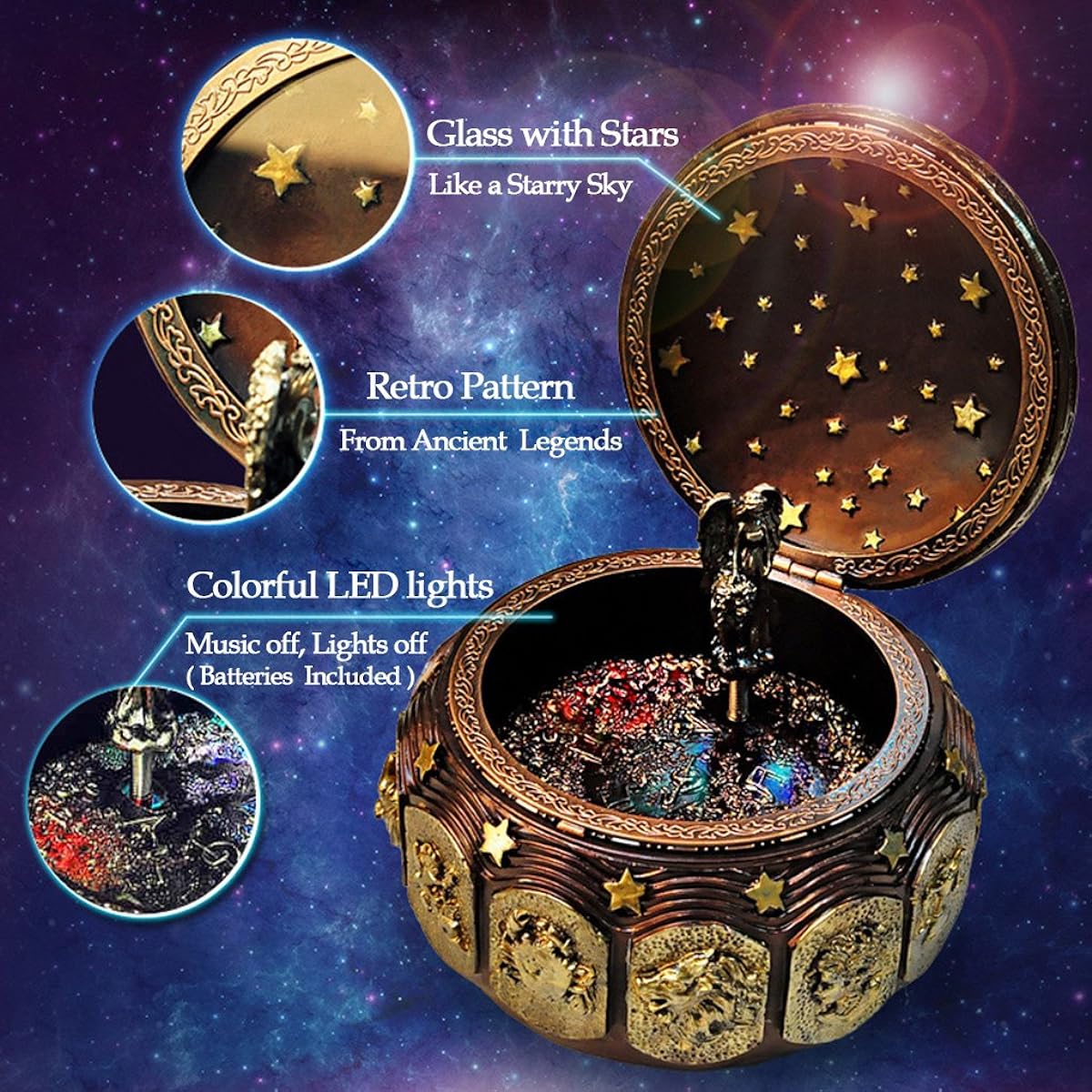 (A1 Gold) - Vintage Music Box with 12 Constellations Rotating Goddess LED lights Twinkling Resin Carved Mechanism Musical Box with Sankyo 18-Note Wind Up Signs of the Zodiac Gift For Birthday Christmas (A1 Gold)