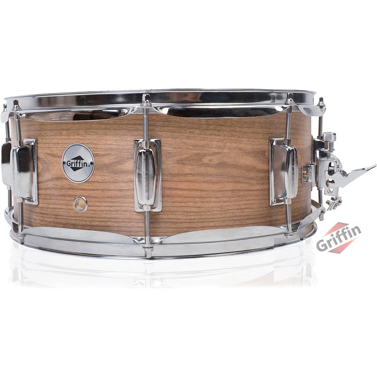 GRIFFIN Oak Wood Snare Drum | PVC Poplar Wood Shell 14" x 5.5" | Percussion Instrument with Drummer Key for Students & Professionals | 8 Tuning Lugs & Deluxe Snare Strainer