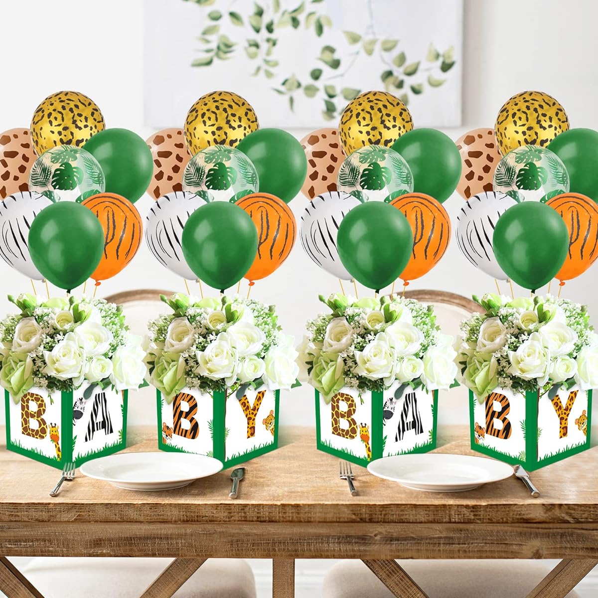 Safari Animals Baby Centerpiece Box with Balloons Flower Arrangement Box Block Holder Wild One Jungle Theme Baby Shower Birthday Party Table Display Decoration No Flowers Set of 32
