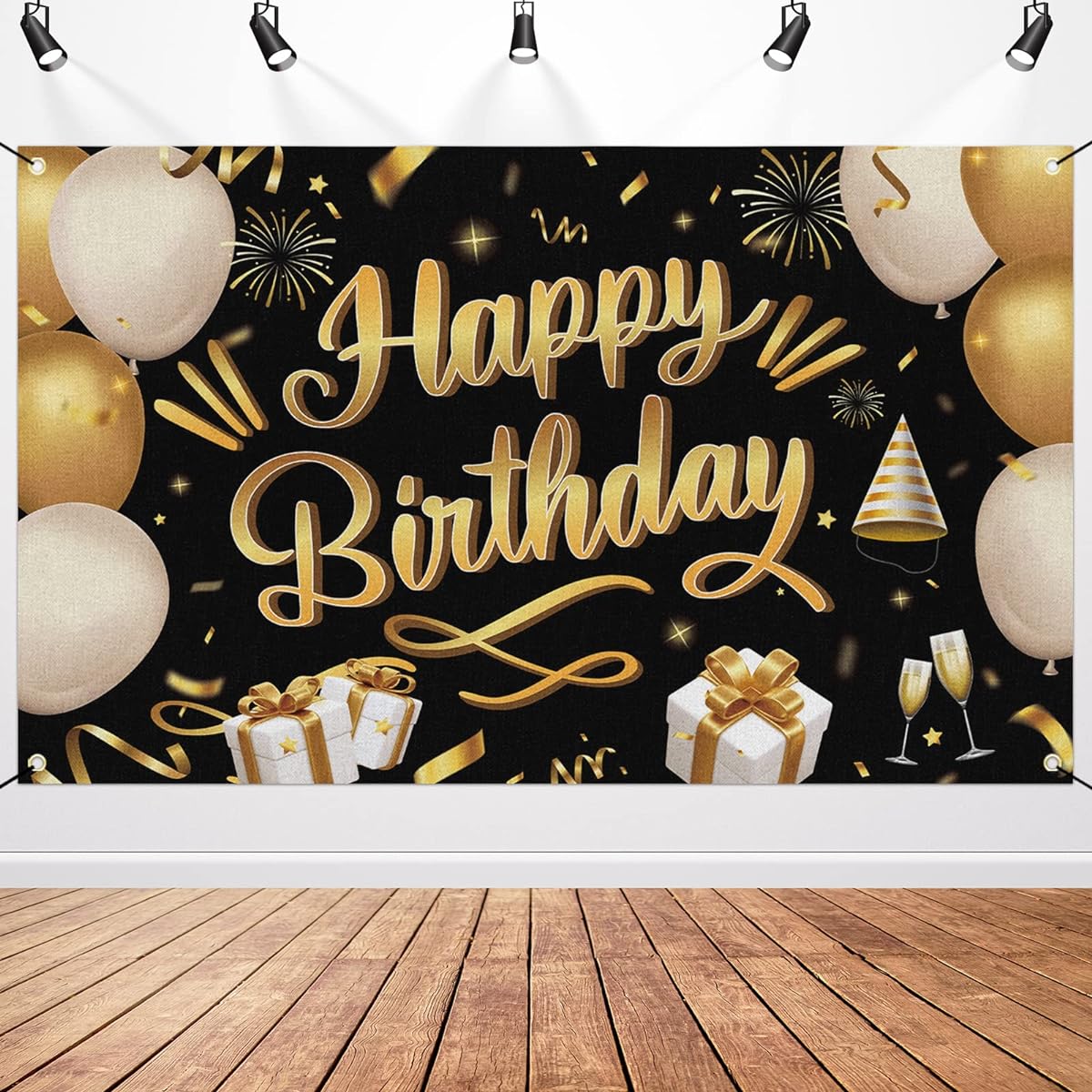 Happy Birthday Backdrop Banner Black & Gold Birthday Party Decorations Supplies for Indoor/Outdoor Backdrop/Photo Booth Props 71x43inch