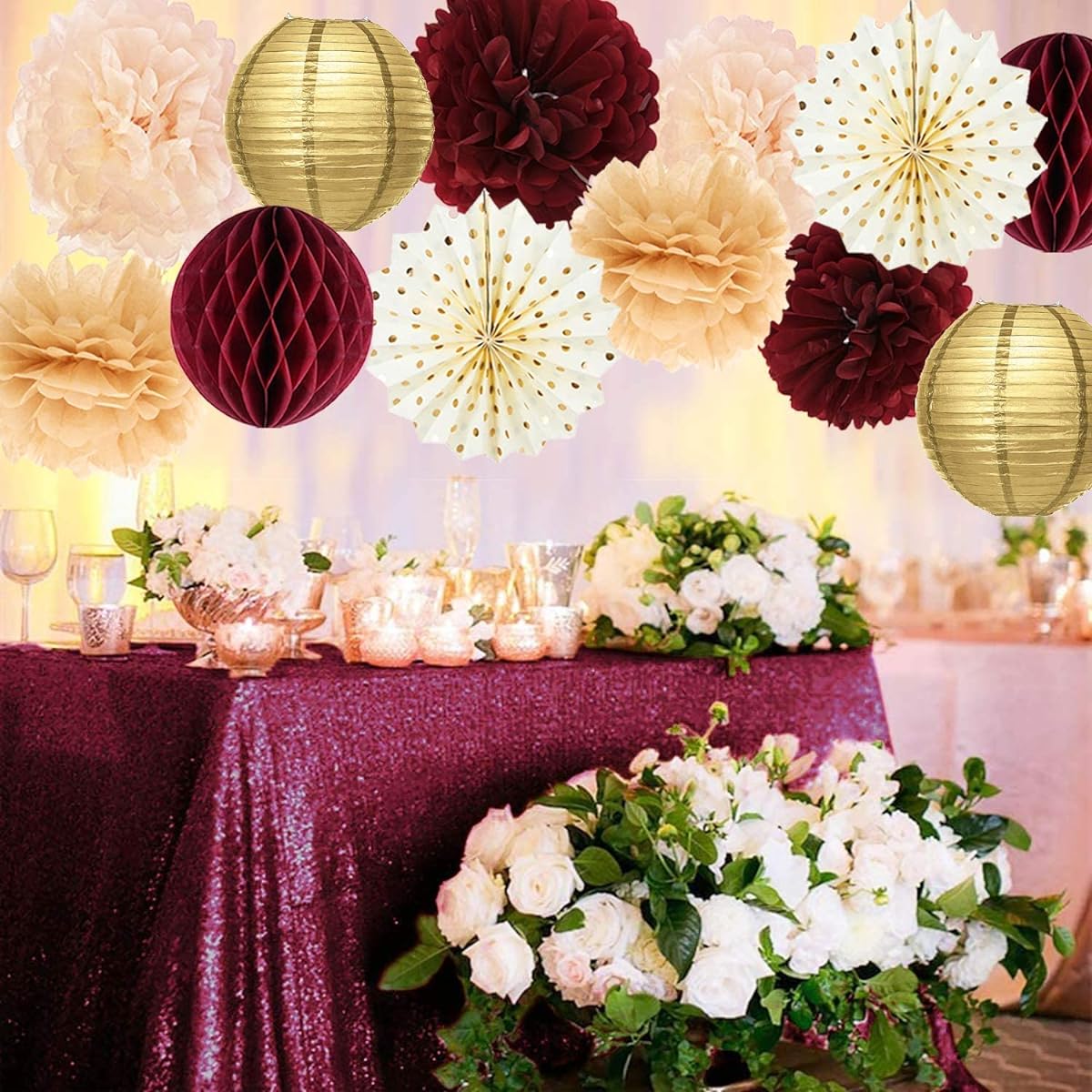 Burgundy Gold Birthday Party Decorations Burgundy Gold Happy Birthday Banner Tsey Pom Poms Polka Dot Fan Fall Burgundy Birthday Party Supplies 30th 40th 50th Birthday Decorations Fall