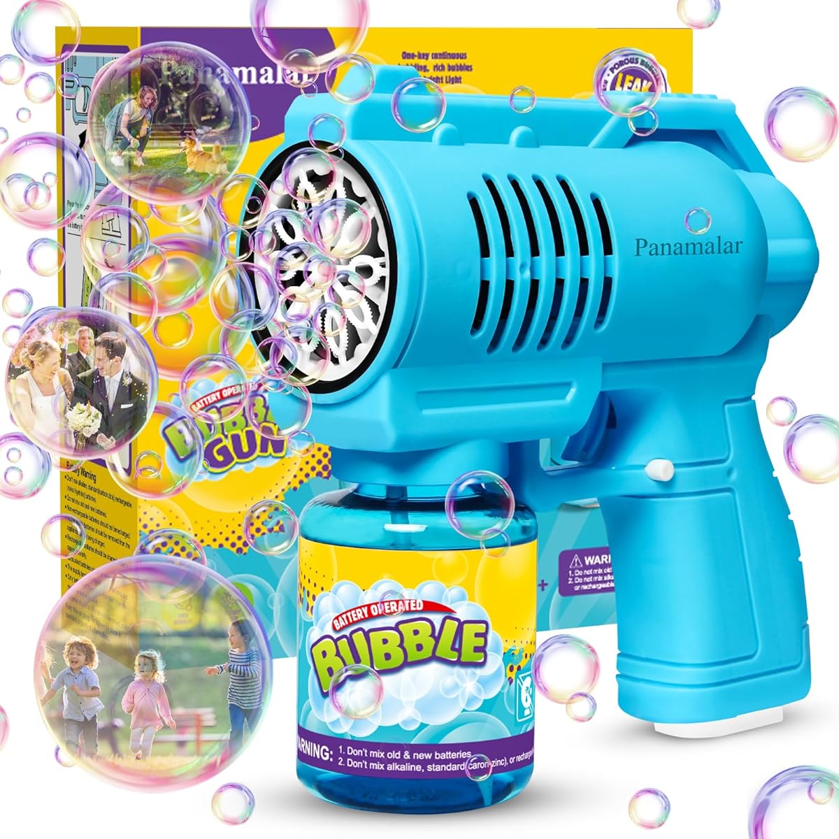 Panamalar Bubble Gun for Kids Bubble Machine Bubble Blower 10000+ Rich Bubbles/Minute Portable Bubble Maker Toy with Light 130ml Bubble Solution for Outdoor Garden Party Wedding Gift Blue