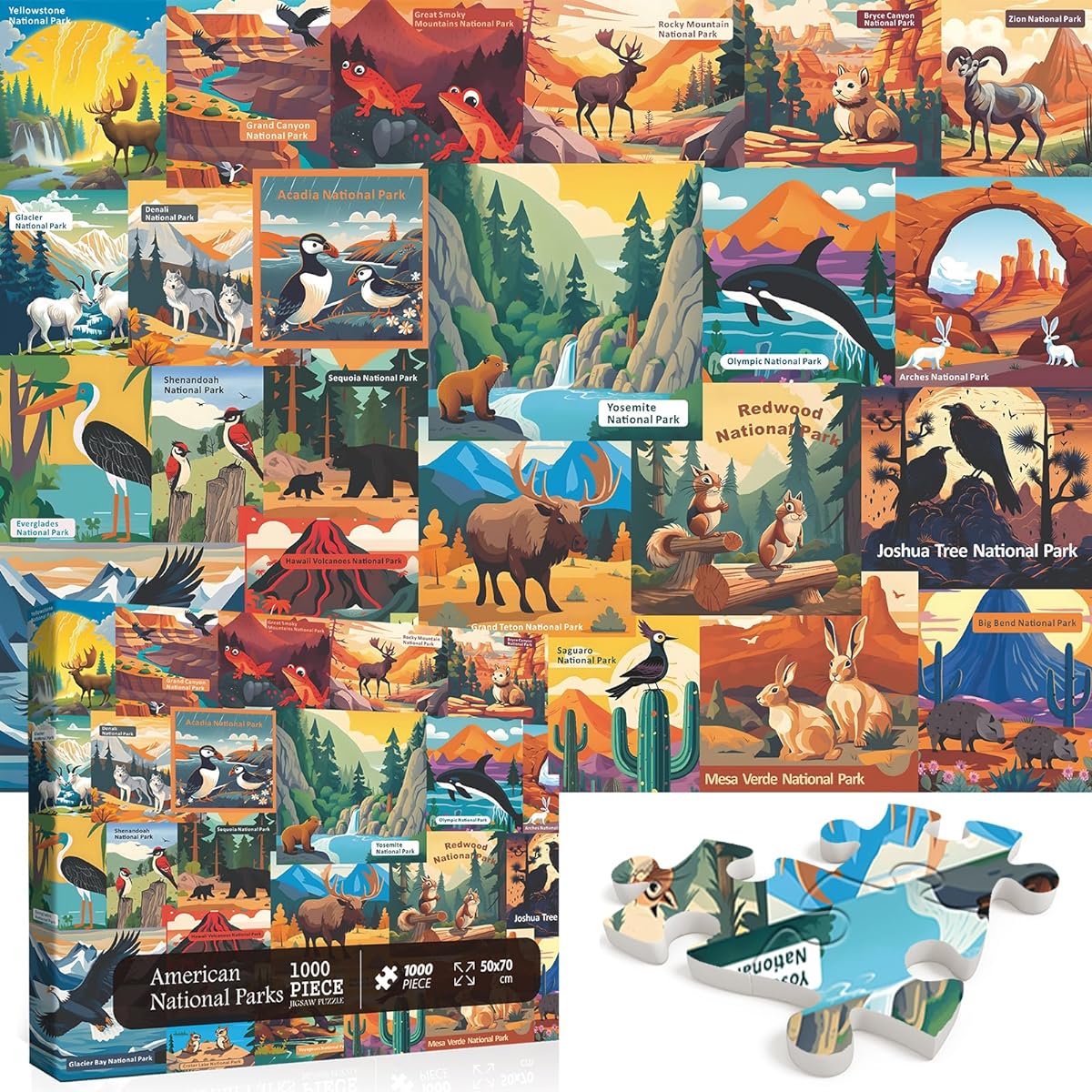PICKFORU American National Parks Puzzle for Adults 1000 Piece Travel Poster Landscape Puzzle Landscape of Zion Yellowstone Yosemite and Animals Landscape Jigsaw Puzzle for Adults Mountain Landscape