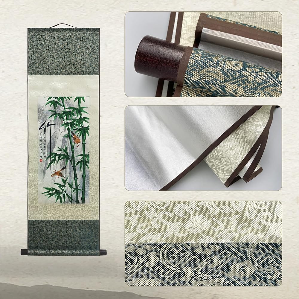 Silk Hanging Scroll Silk Scroll Painting Asian Wall Decoration Four Gentlemen - Plum Orchid Bamboo Chrysanthemum Beautiful Chinese Painting Hanging Scroll Painting Scroll Oriental Ornament 99 x 30 cm (39 x 12 inch)