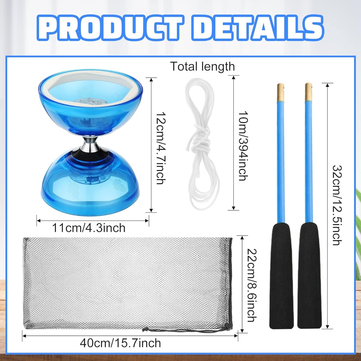 Jerify Diabolo Chinese Yoyo Toy Set, 3 Light Up Diabolo Yoyos, 6 Diabolo Sticks, 3 Diabolo Strings and 3 Net Bags for Kids Adults Beginners (Blue, Green, Purple)