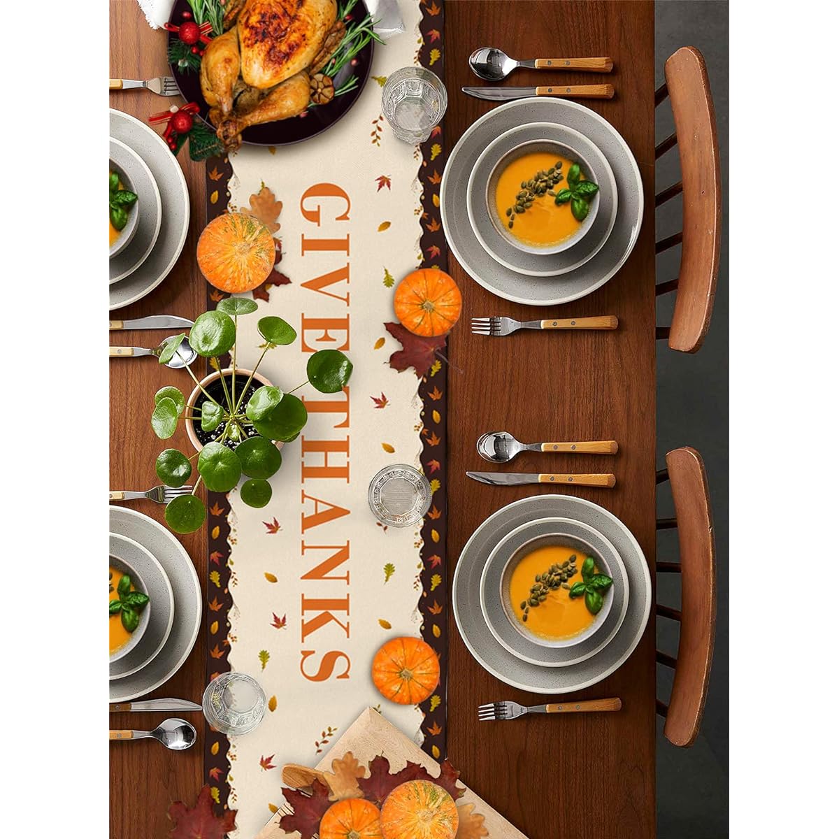 Thanksgiving Table Runner 120" Long Turkey Pumpkin Maple Leaf Non-Slip Washable Burlap Table Linen for Family Dinner/Outdoor/Indoor Parties, Weddings, Gatherings Table Decorations