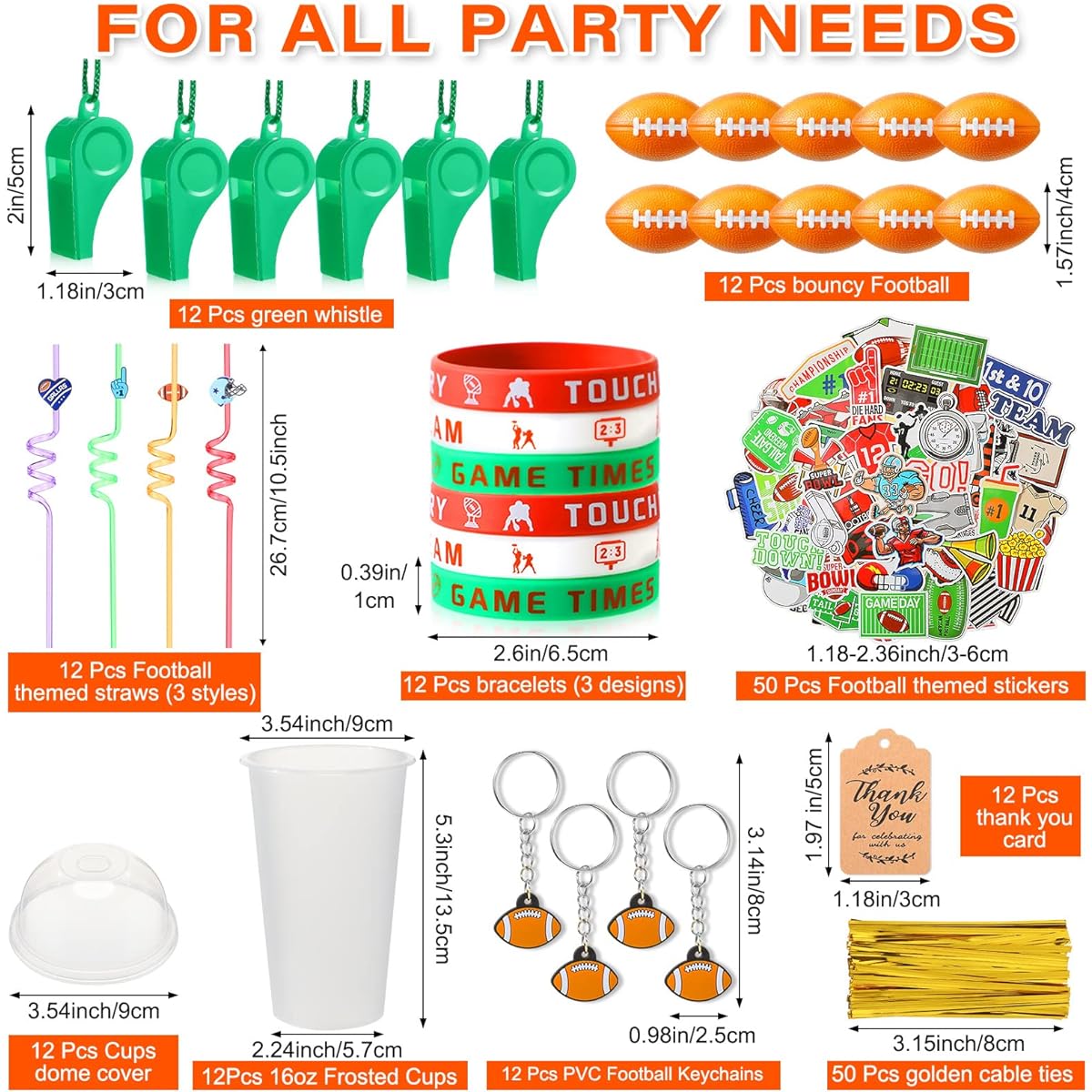 Basketball Football Birthday Gift Party Favor Set Good Cup with Straw Keychain Whistle Silicone Wristband Sticker Party Supplies Classroom Rewards (Football)