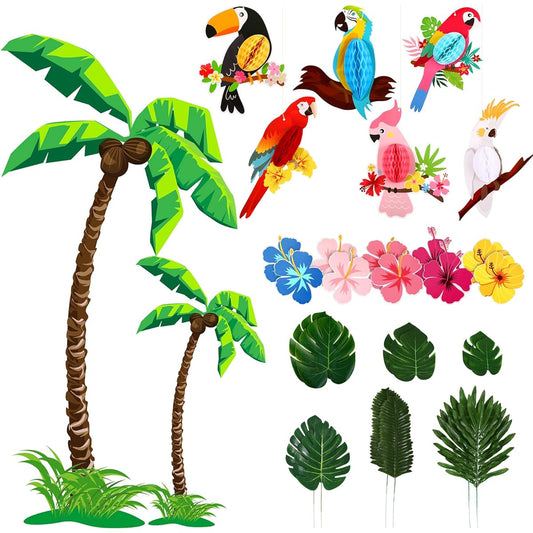 30 Card Stock Palm Tree Hawaiian Hibiscus Flower Cutouts Honeycomb Bird Party Decorations Artificial Tropical Palm Leaves Luau Birthday Decorations Tiki Rainforest Party Decorations