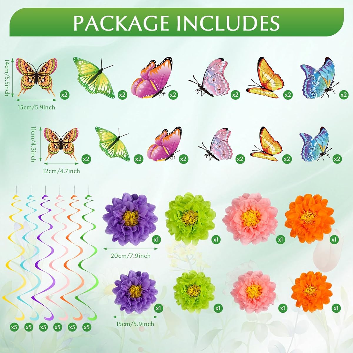 Pasimy 62pcs Spring Hanging Decorations Flower Butterfly Hanging Vortex Butterfly Cutouts 3D Paper Flowers Spring Ceiling Streamer Birthday Party Decoration Baby Shower Wedding Supplies Favors