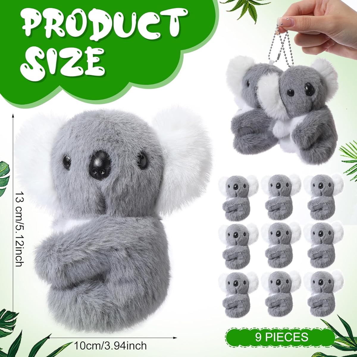 Poen 9 Pcs Koala Plush Toys, Simulation Koala Stuffed Animal Dolls, Mini Koala Toys with Pearl Chain, Soft Koala Gifts for Birthday Party, Grey, Pocket Size 5.12 Inch
