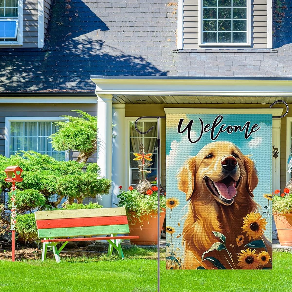 Balgardekor Summer Dog Golden Retriever Garden Flag Double Sided Welcome Dog Seasonal Sunflower Flower Garden Outdoor Decoration 12x18 Inch Outdoor Small Garden Flag (12.5x18 Inch, Golden Retriever Sunflower)